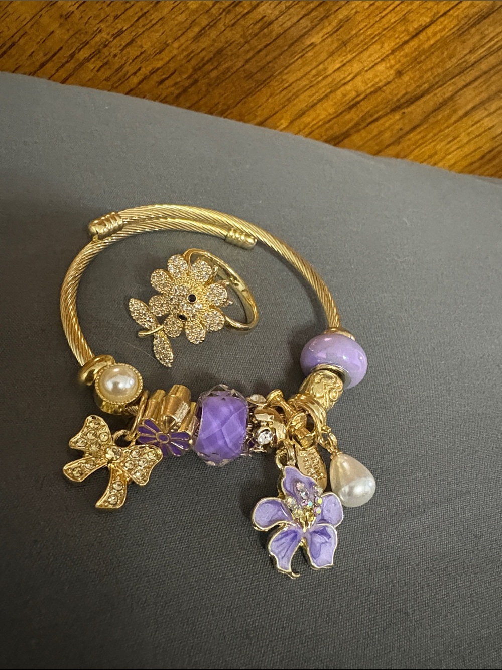 Gold and Purple Flower Charm Bracelet and Ring Set